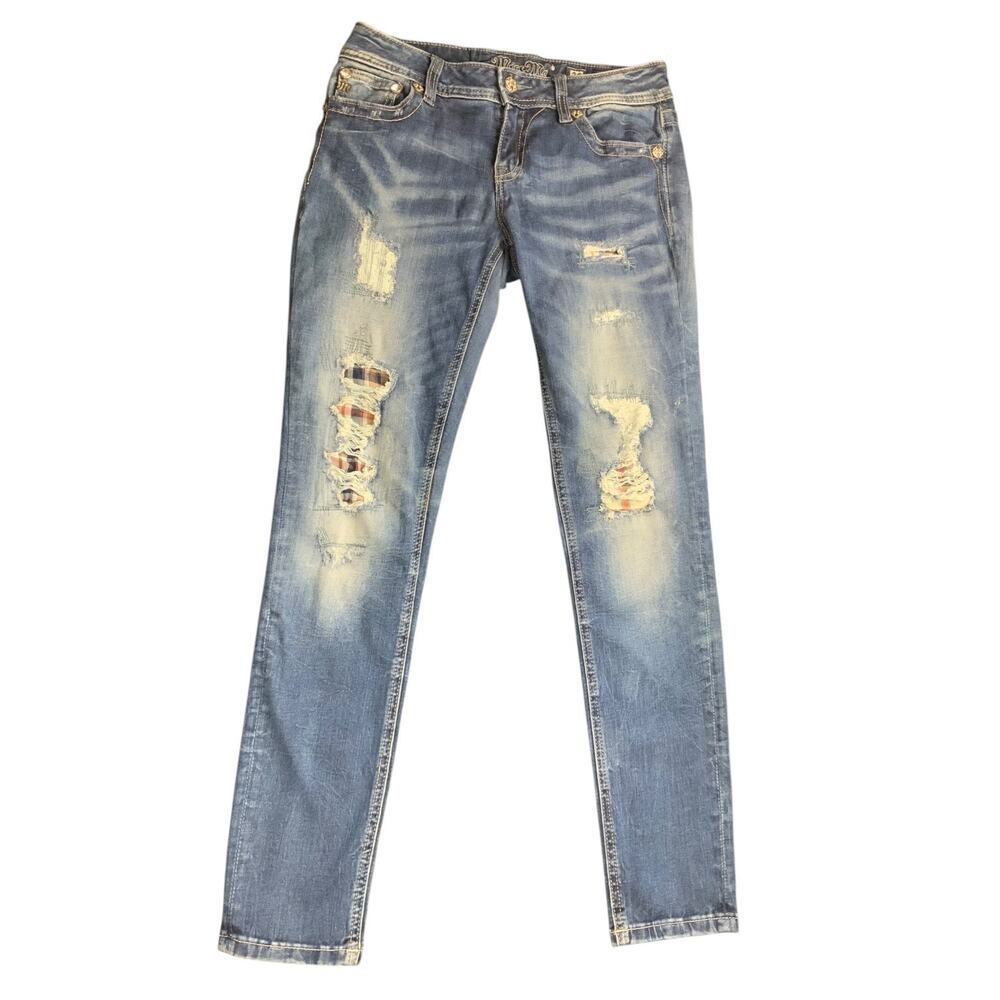 Miss Me Signature Ankle Skinny Jeans Women’s 28 Distressed Plaid Patch Stretch